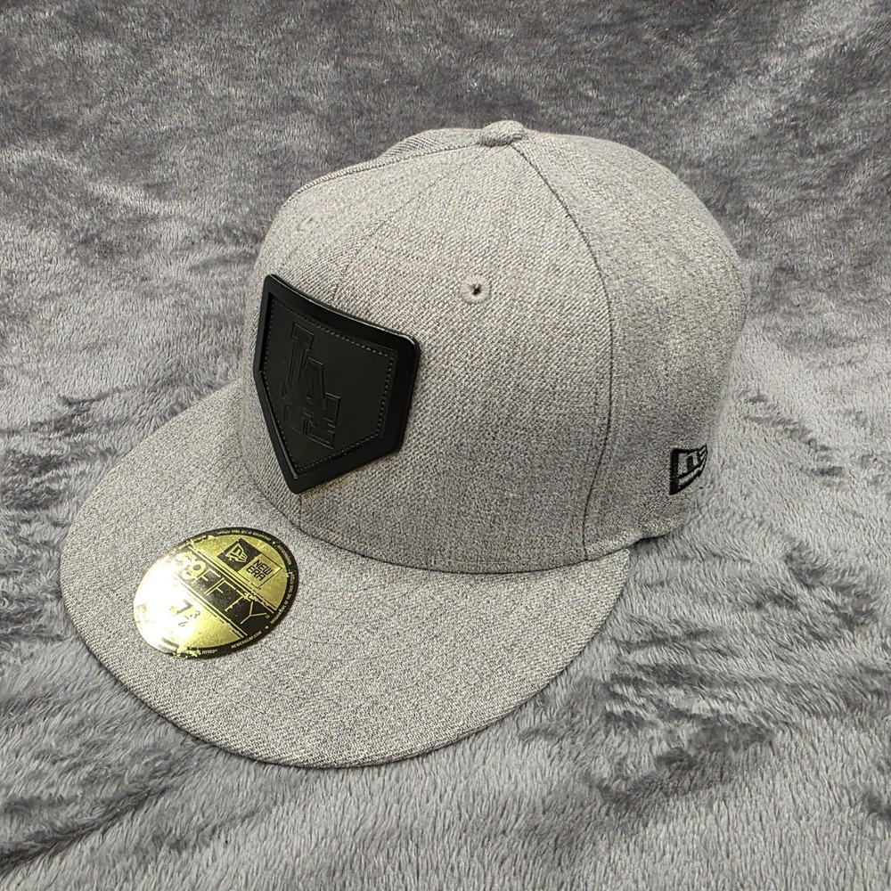New Era 59FIFTY LA Dodgers Home Plate Leather Patch Hat Cap Grey Size 7 3/4 MLB